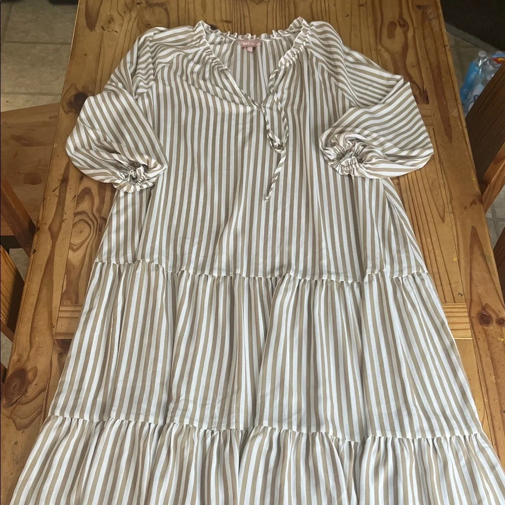 Show Me Your MuMu Birdie Beige Tan Striped Maxi Dress Tiered - Picture 3 of 9